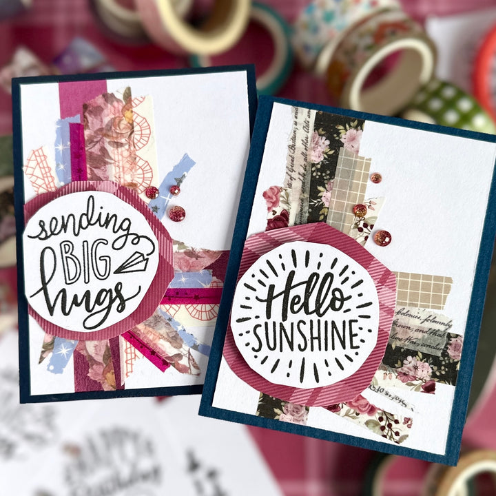 Two handmade greeting cards with layered Washi tappe designs and circular text overlays reading 'sending BIG hugs' and 'Hello SUNSHINE', displayed on a craft-themed background with washi tape rolls.