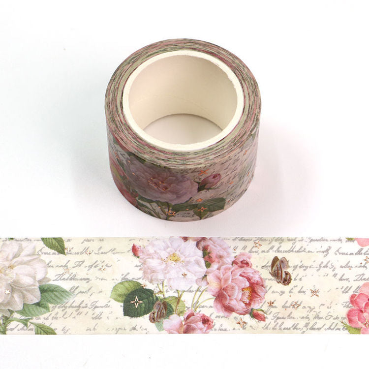 wide washi tape with pink roses and a scripty background