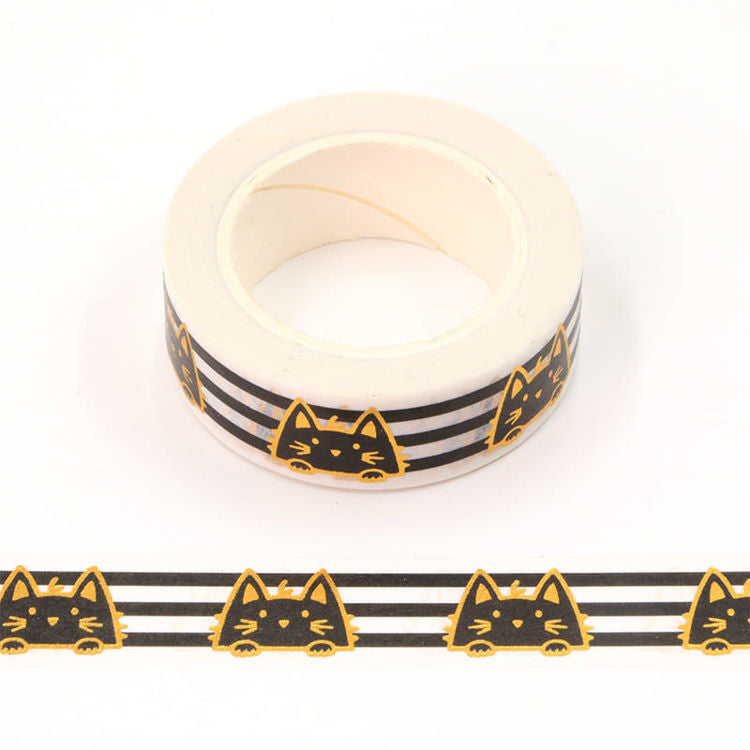 Washi Tape - Black Cats - Gold Foil Stripes