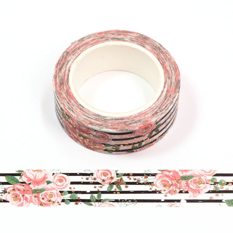 Washi Tape - Black Stripe Pink Rose