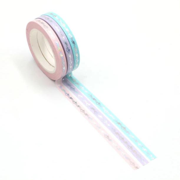 Skinny Washi Tape Set - Pastel with silver foil hearts for valentines