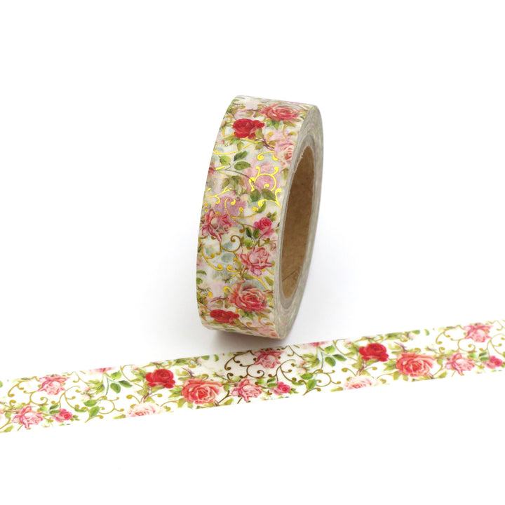 Washi Tape, Red Rose Floral with Gold Foil