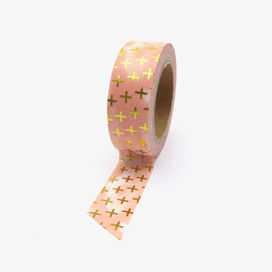 Washi Tape, Gold Foil Peach Crosses