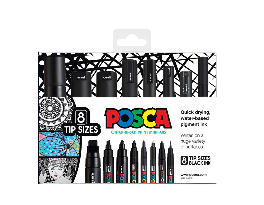 Posca Paint Pen 8 Tip Sizes Set - Black
