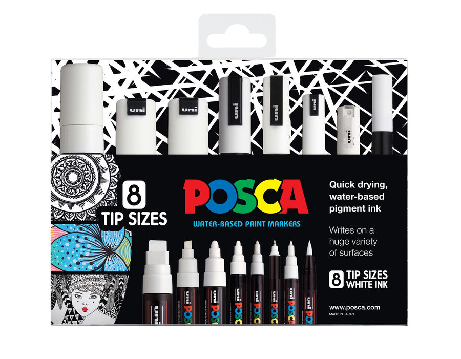 Posca Paint Pen 8 Tip Sizes Set - White