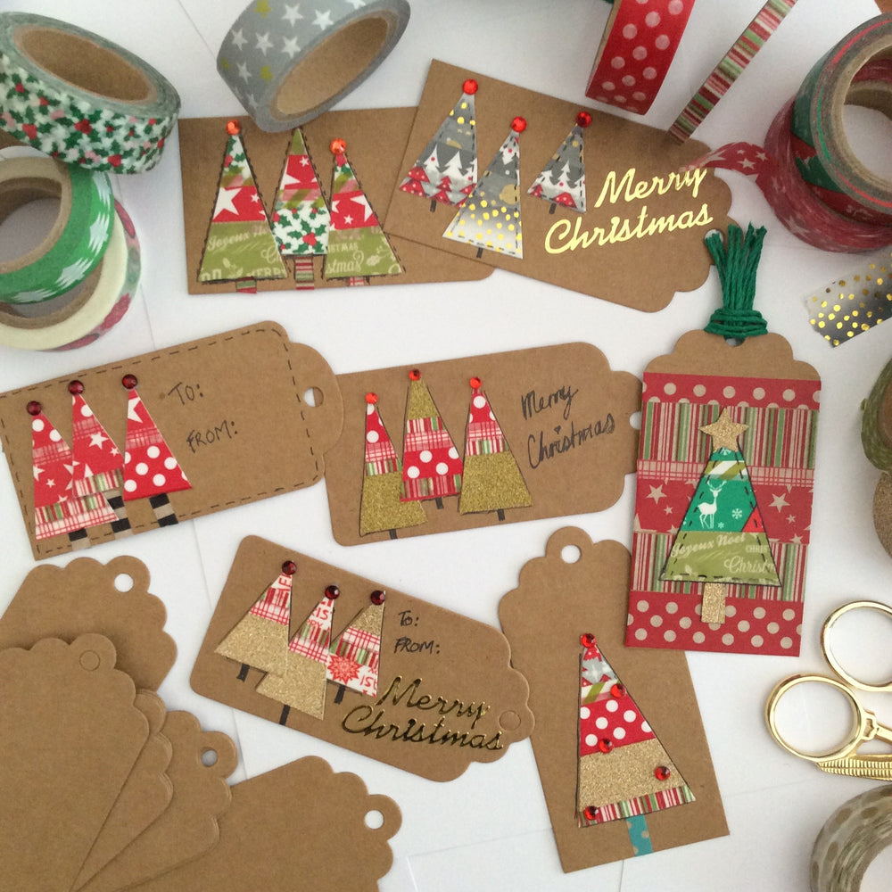Christmas tree tags with washi tape and peel off stickers flatlay