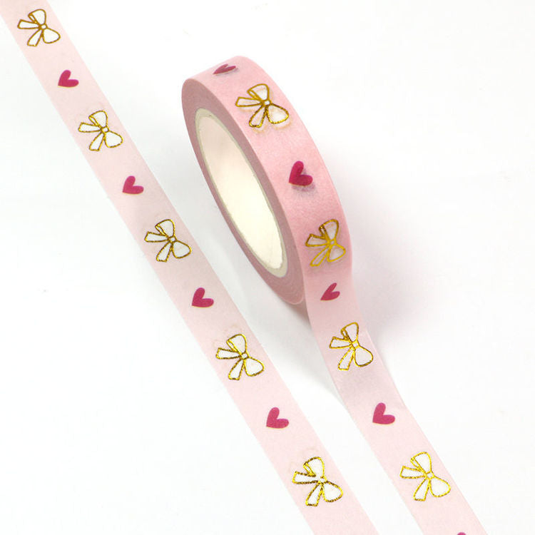 Slim Washi Tape, Gold Foil Bow with Hearts